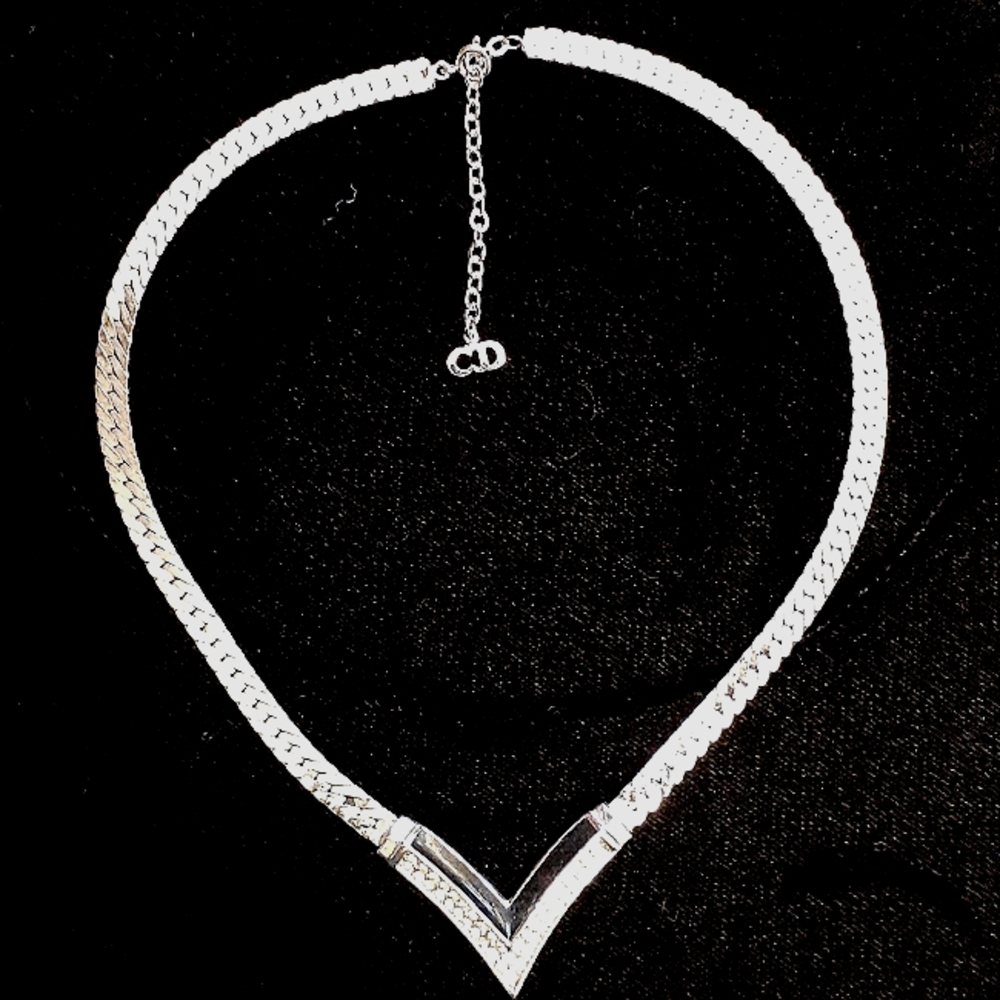 RARE SILVER Vintage Christian Dior V Chevron cz enamel necklace 16-18"